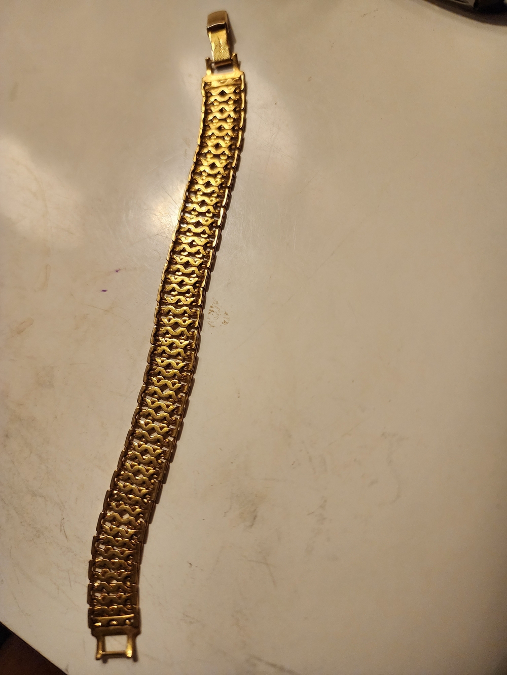 Gold-Tone Wide Stamped Monet Link Bracelet with Lattice Pattern, 6"